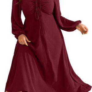 RWJ Fall Wedding Guest Dresses for Women Plus Size V Neck Long Sleeve Tie Front Cocktail Maxi Dress with Pockets