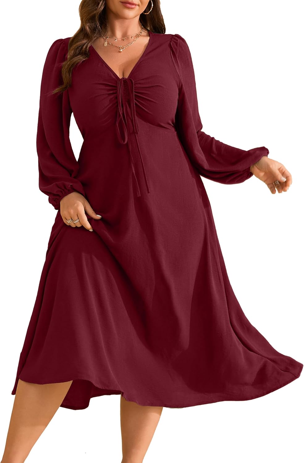 RWJ Fall Wedding Guest Dresses for Women Plus Size V Neck Long Sleeve Tie Front Cocktail Maxi Dress with Pockets
