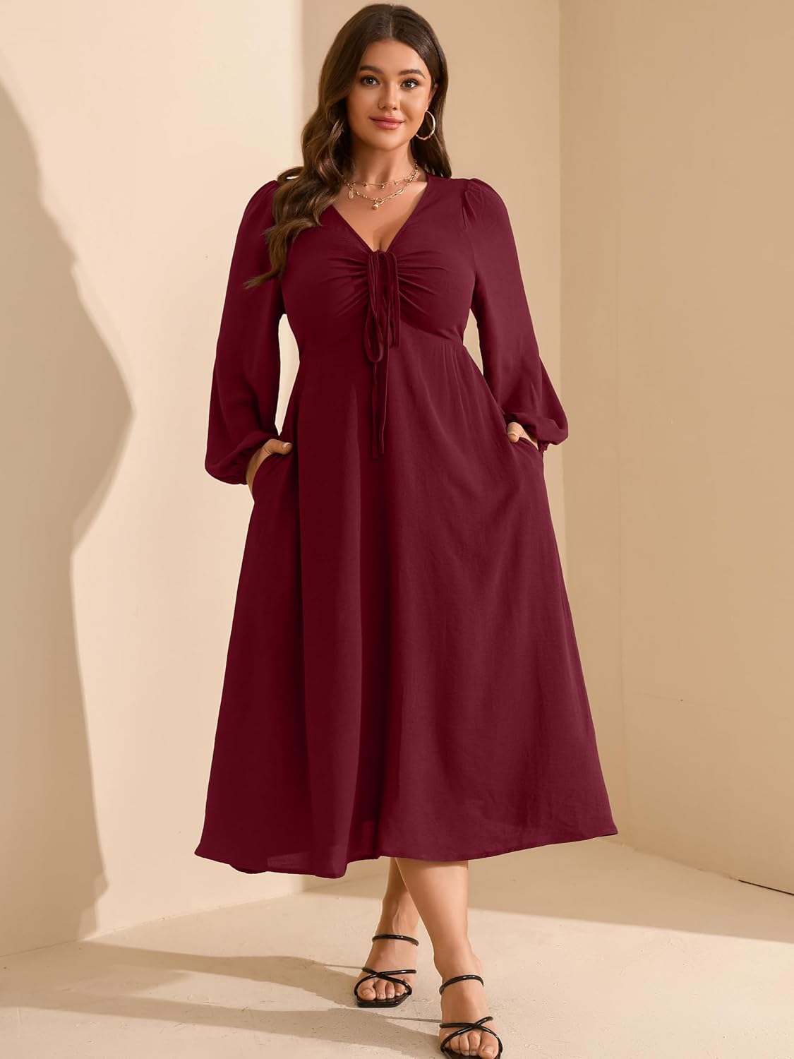 RWJ Fall Wedding Guest Dresses for Women Plus Size V Neck Long Sleeve Tie Front Cocktail Maxi Dress with Pockets - Image 3