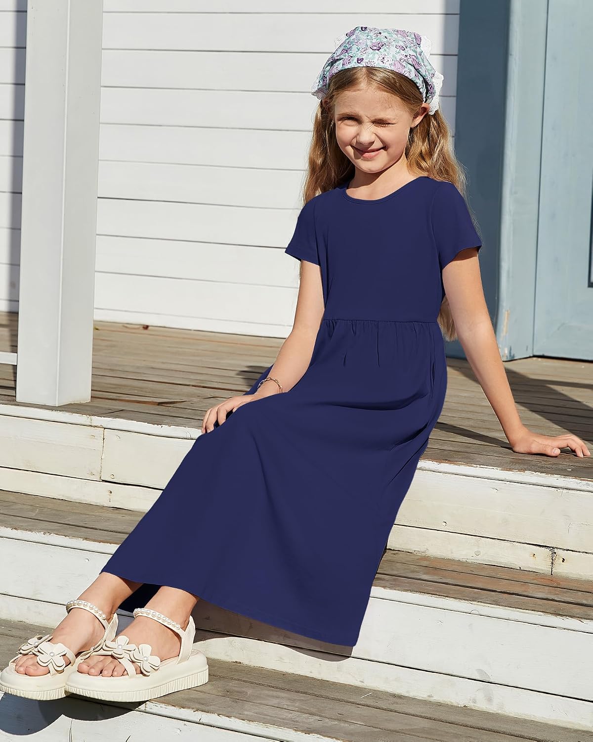 Girls Crewneck Short Sleeve Long Maxi Dress with Pockets 2026 - Image 5