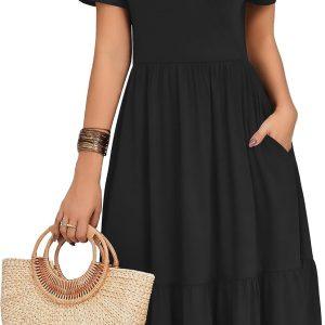 Zeagoo Womens Summer Casual Dresses Short Sleeve Midi Warp V-Neck Floral Dress with Pockets Tiered Flowy A Line Sundress