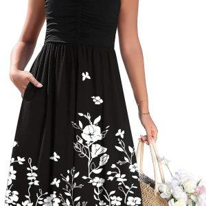 Zeagoo Women 2026 Summer Adjustable Spaghetti Strap Sundress Casual Ruched Floral V Neck Midi Flowy Beach Dress with Pockets