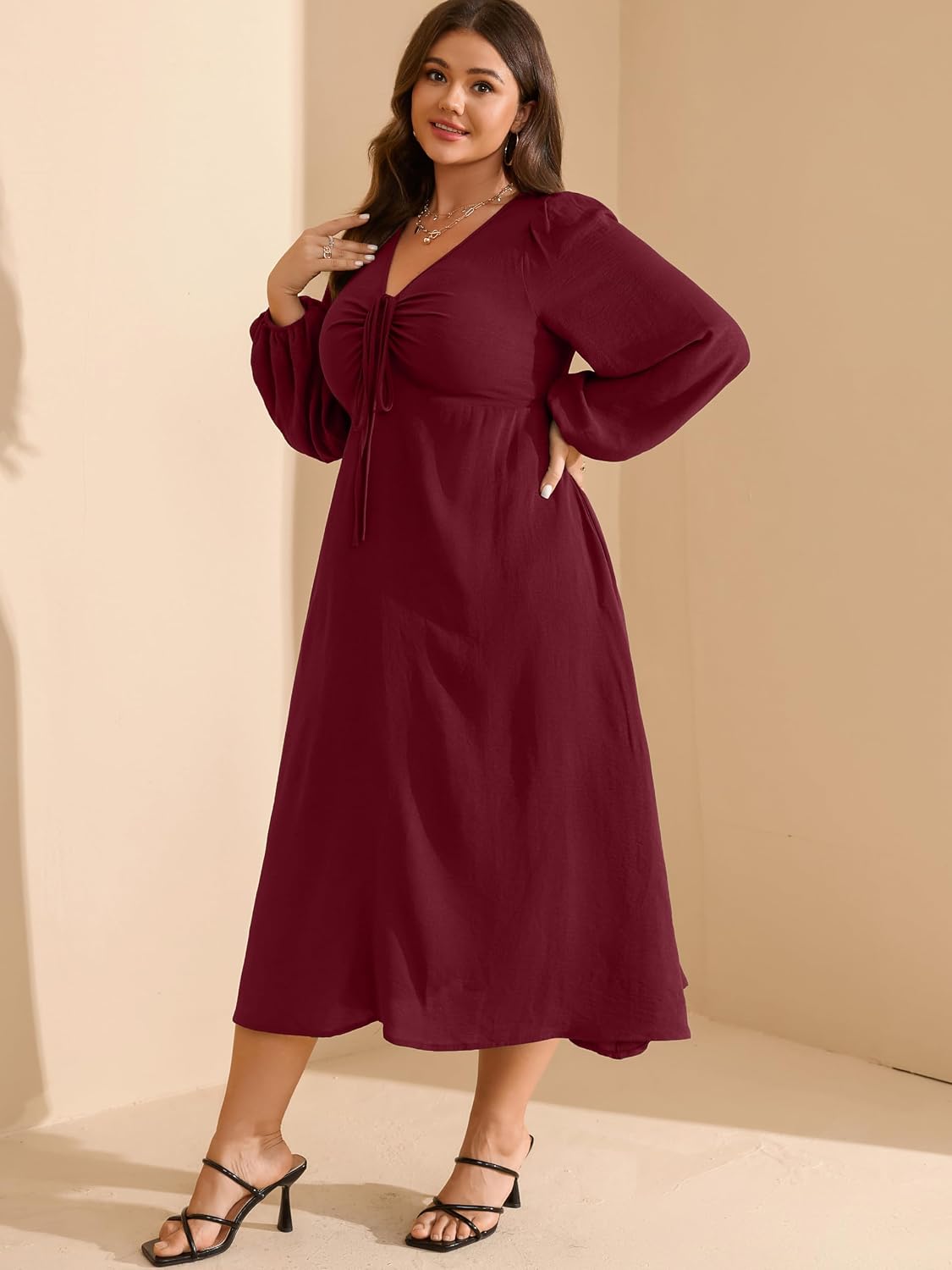 RWJ Fall Wedding Guest Dresses for Women Plus Size V Neck Long Sleeve Tie Front Cocktail Maxi Dress with Pockets - Image 7