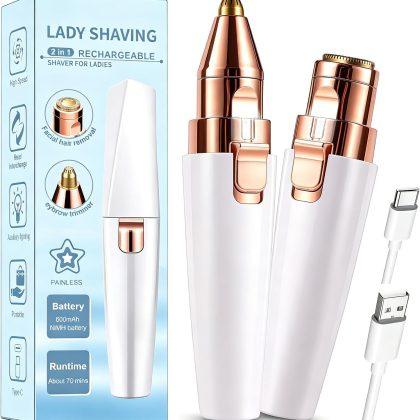 Facial Hair Removal for Women,2 in 1 Electric Hair Removal Device for Chin Upper Lip Peach Fuzz & Rechargeable Eyebrow Trimmer with LED Light for Precise Shaping