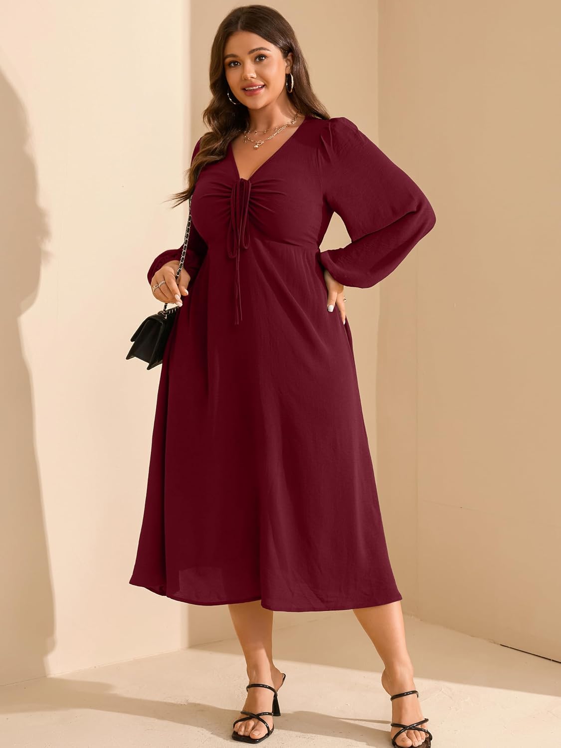 RWJ Fall Wedding Guest Dresses for Women Plus Size V Neck Long Sleeve Tie Front Cocktail Maxi Dress with Pockets - Image 6