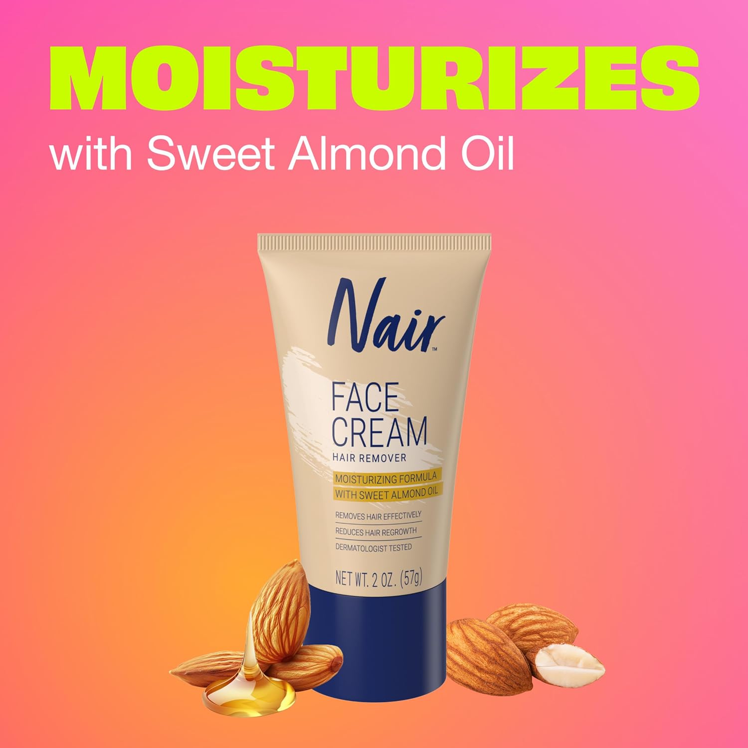 Nair Moisturizing Facial Hair Removal Cream, Sweet Almond Oil, 2 Oz Bottle (Pack of 2) - Image 4