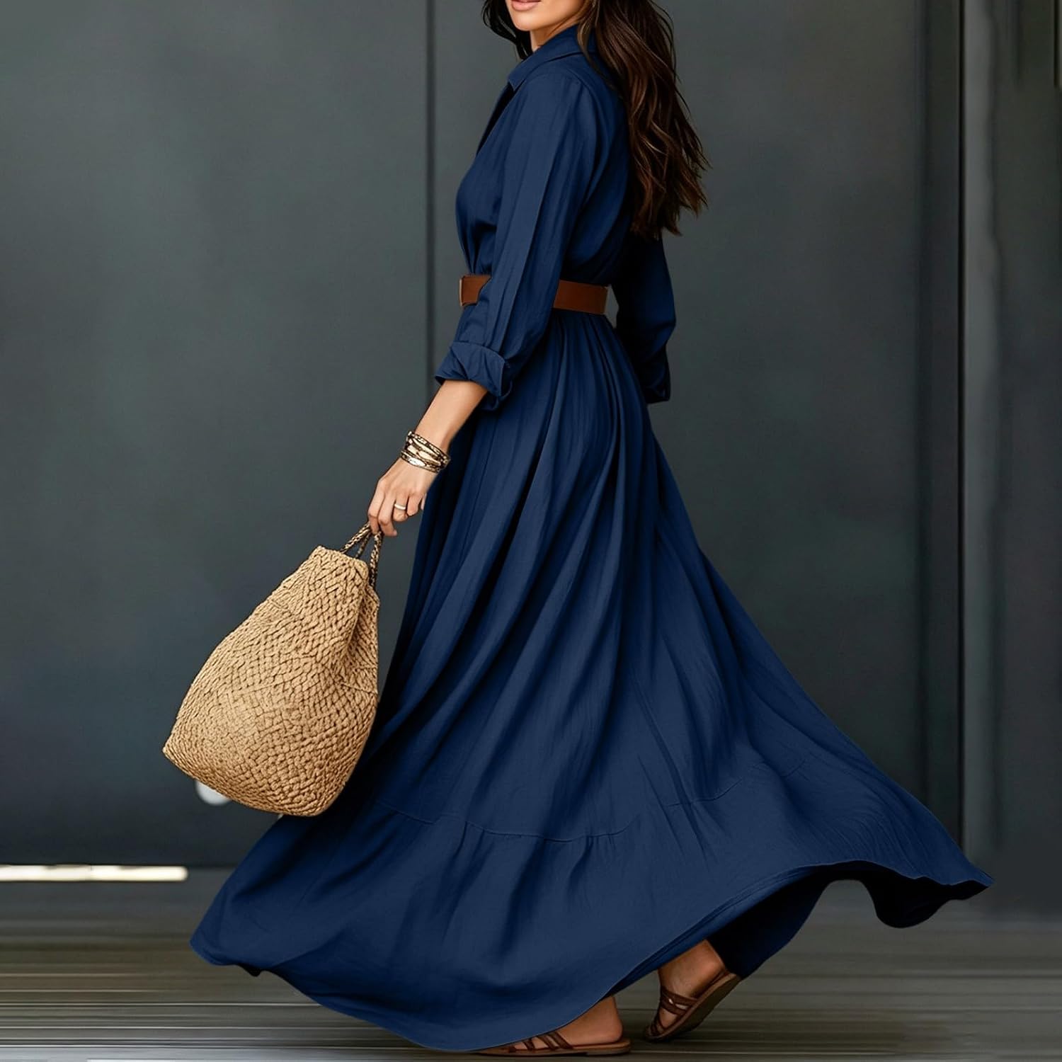 Western Dresses for Women Long Sleeve Lapel Button Dresses Maxi Outfit - Image 3