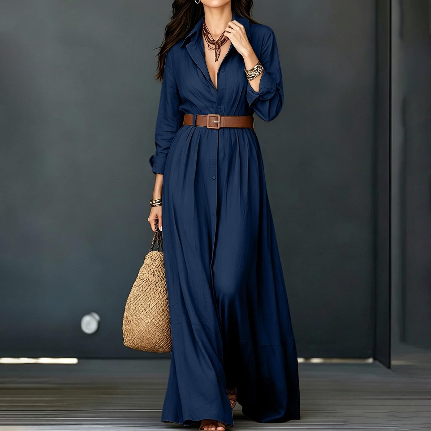 Western Dresses for Women Long Sleeve Lapel Button Dresses Maxi Outfit - Image 8