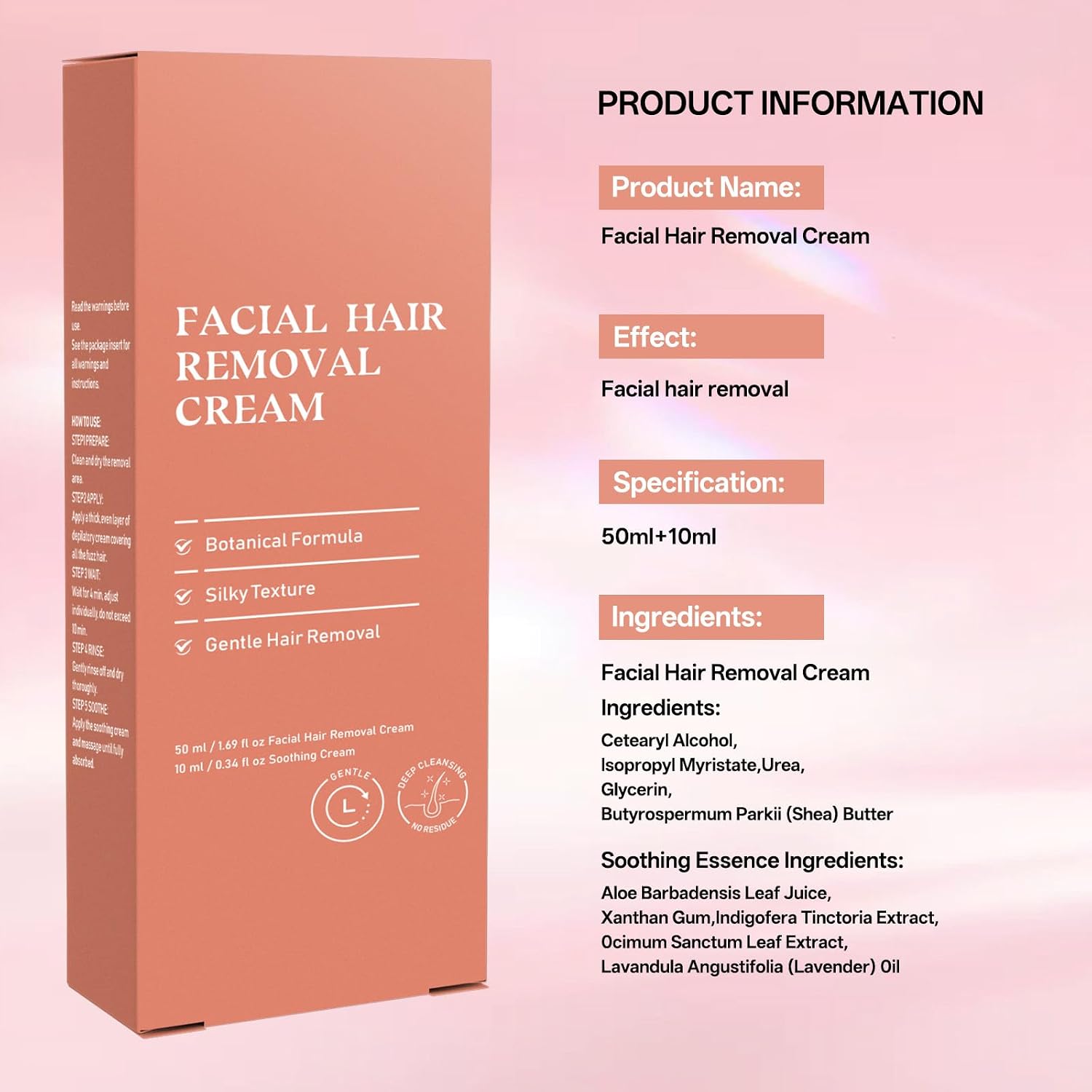 Facial Hair Removal Crem for Women & Men, Sensitive Skin 2-In-1 Painless Hair Removal Cream Kit with Soothing Cream, No Shave Depilatory Cream, Face & Upper Lip, Sideburns & Body, Gentle Formula - Image 8