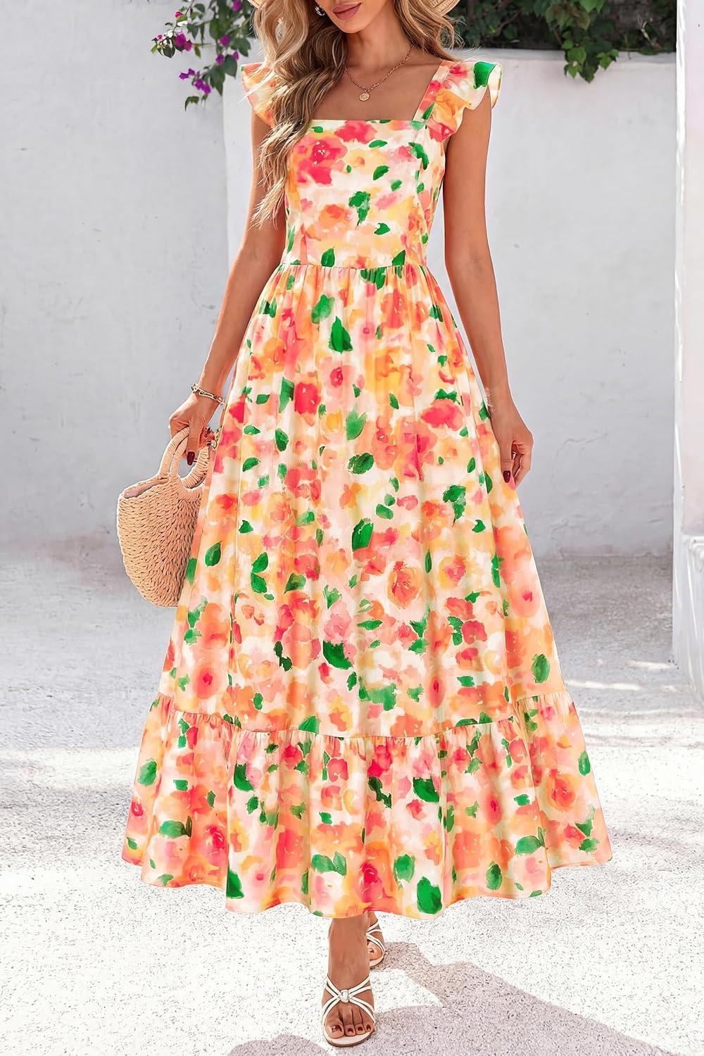 dowerme Women Summer Ruffle Straps Square Neck Floral Print Boho Maxi Dress - Image 2