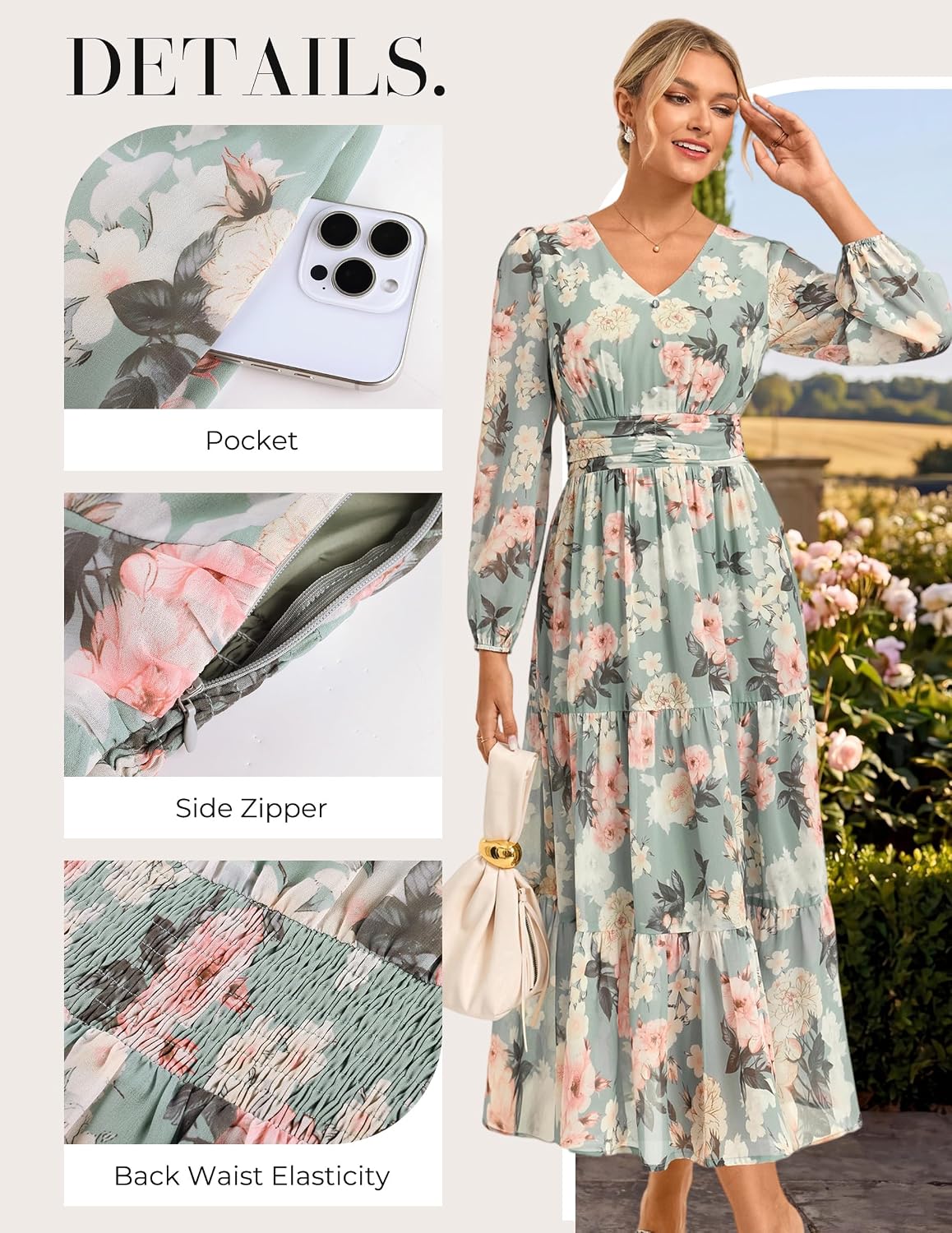 GRACE KARIN Women Floral Maxi Dress Fall Long Sleeve Wedding Guest Dresses - Image 4