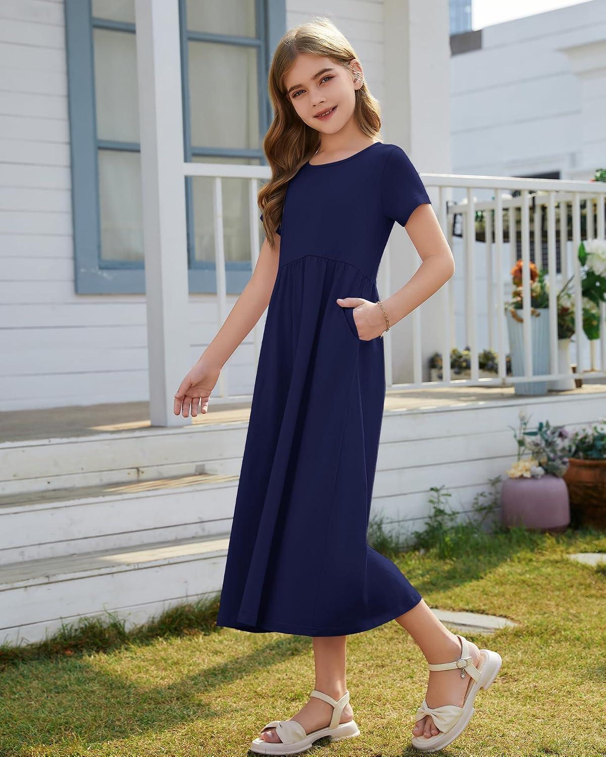 Girls Crewneck Short Sleeve Long Maxi Dress with Pockets 2026 - Image 3