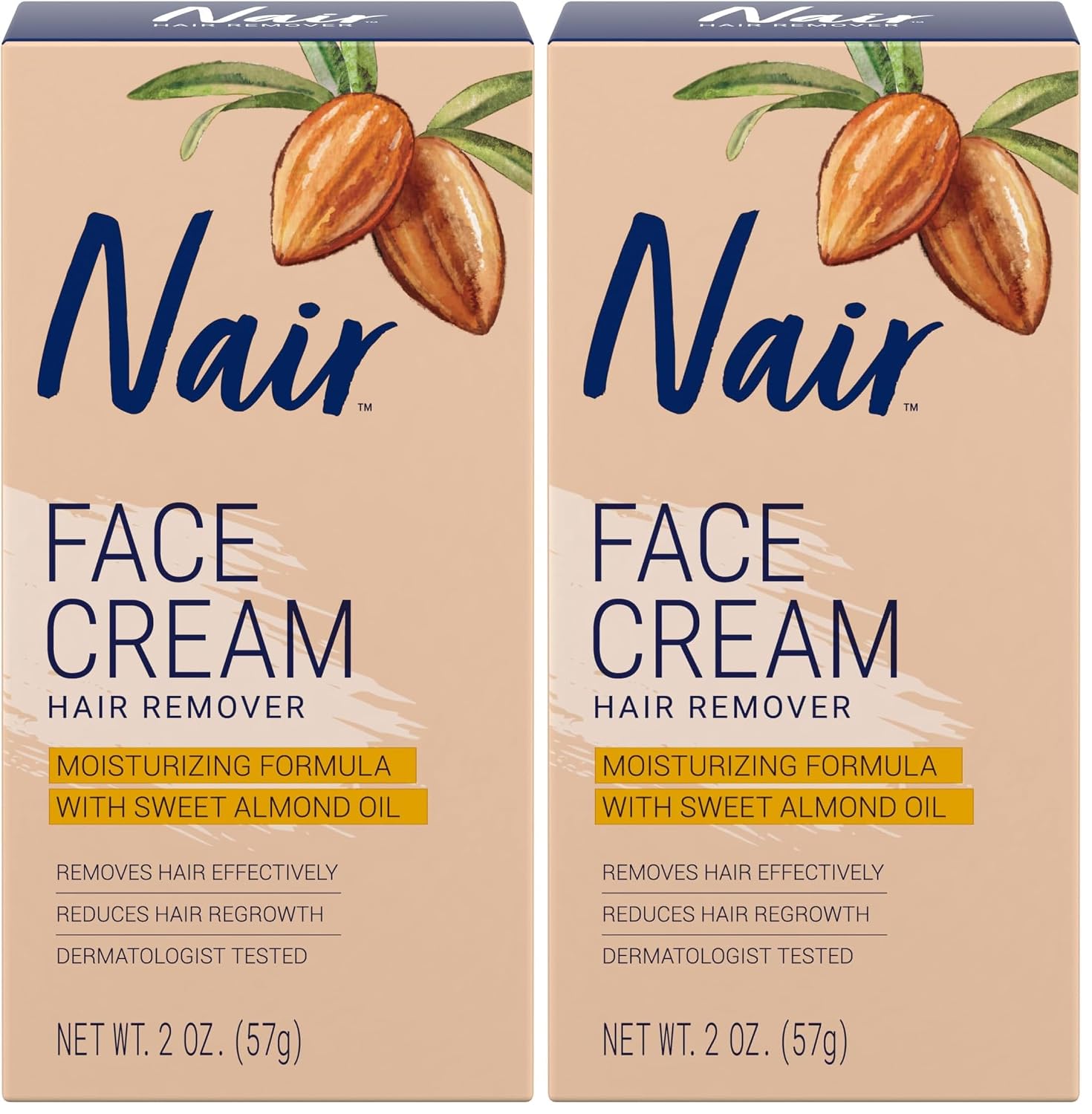 Nair Moisturizing Facial Hair Removal Cream, Sweet Almond Oil, 2 Oz Bottle (Pack of 2)