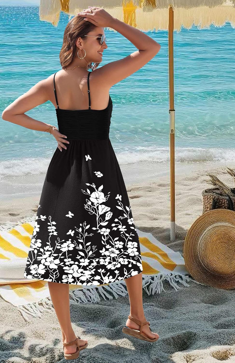 Zeagoo Women 2026 Summer Adjustable Spaghetti Strap Sundress Casual Ruched Floral V Neck Midi Flowy Beach Dress with Pockets - Image 6