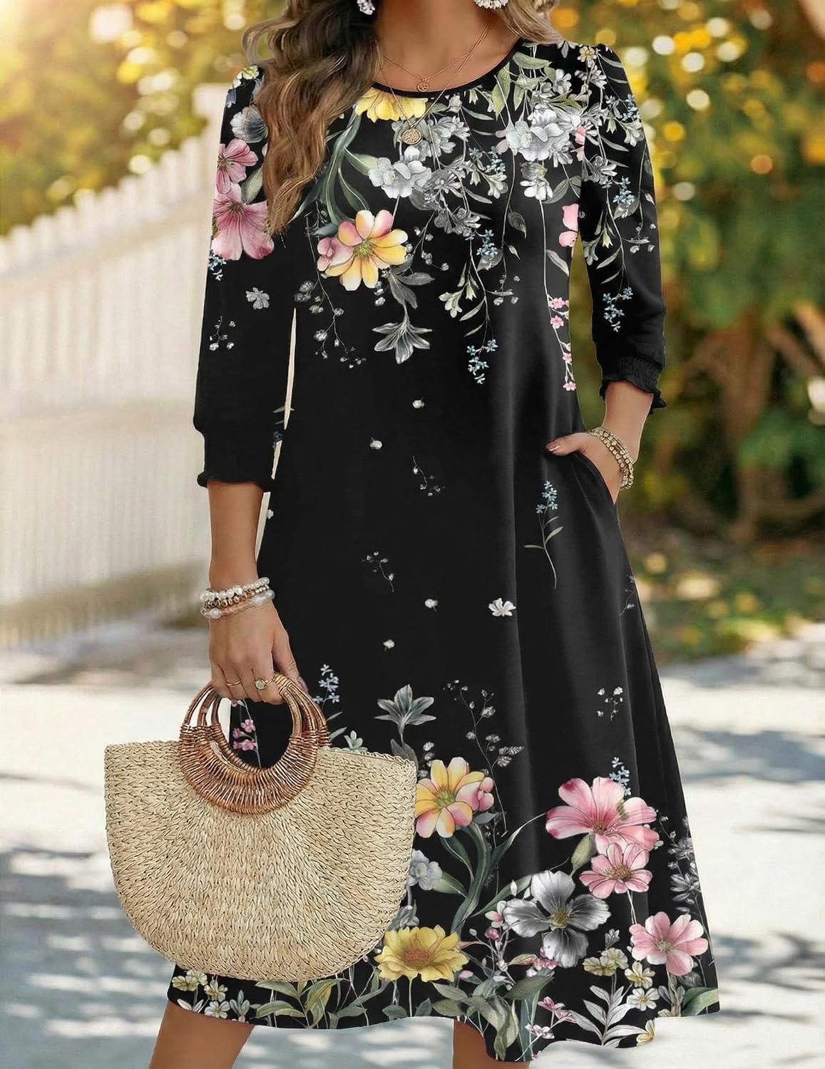 Zeagoo Summer Dresses for Women 2026 3/4 Sleeve Dress for Women Floral Midi Dresses for Casual Womens Dresses with Pockets - Image 2