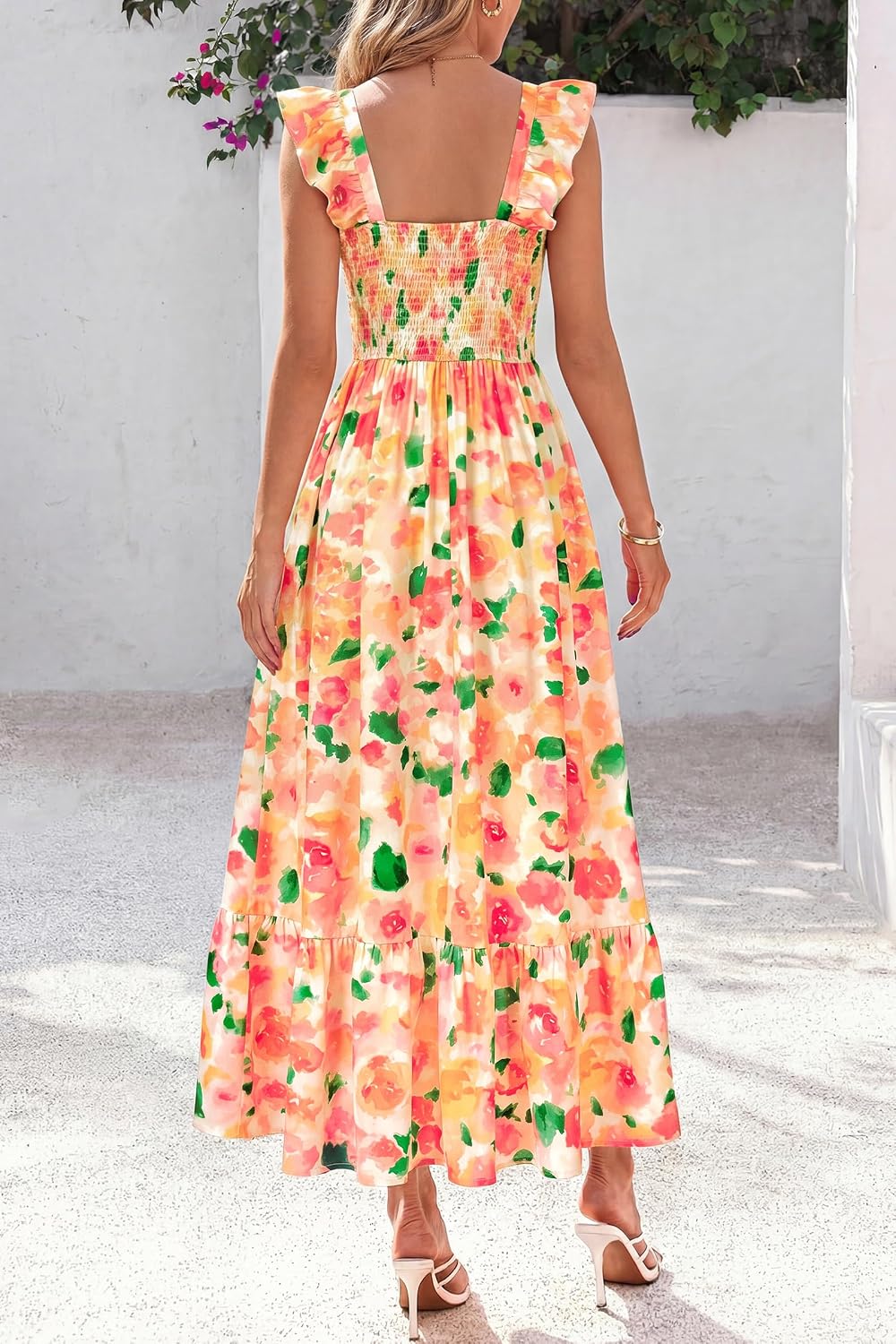 dowerme Women Summer Ruffle Straps Square Neck Floral Print Boho Maxi Dress - Image 5