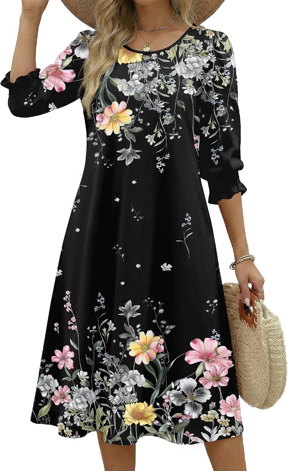 Zeagoo Summer Dresses for Women 2026 3/4 Sleeve Dress for Women Floral Midi Dresses for Casual Womens Dresses with Pockets - Image 4