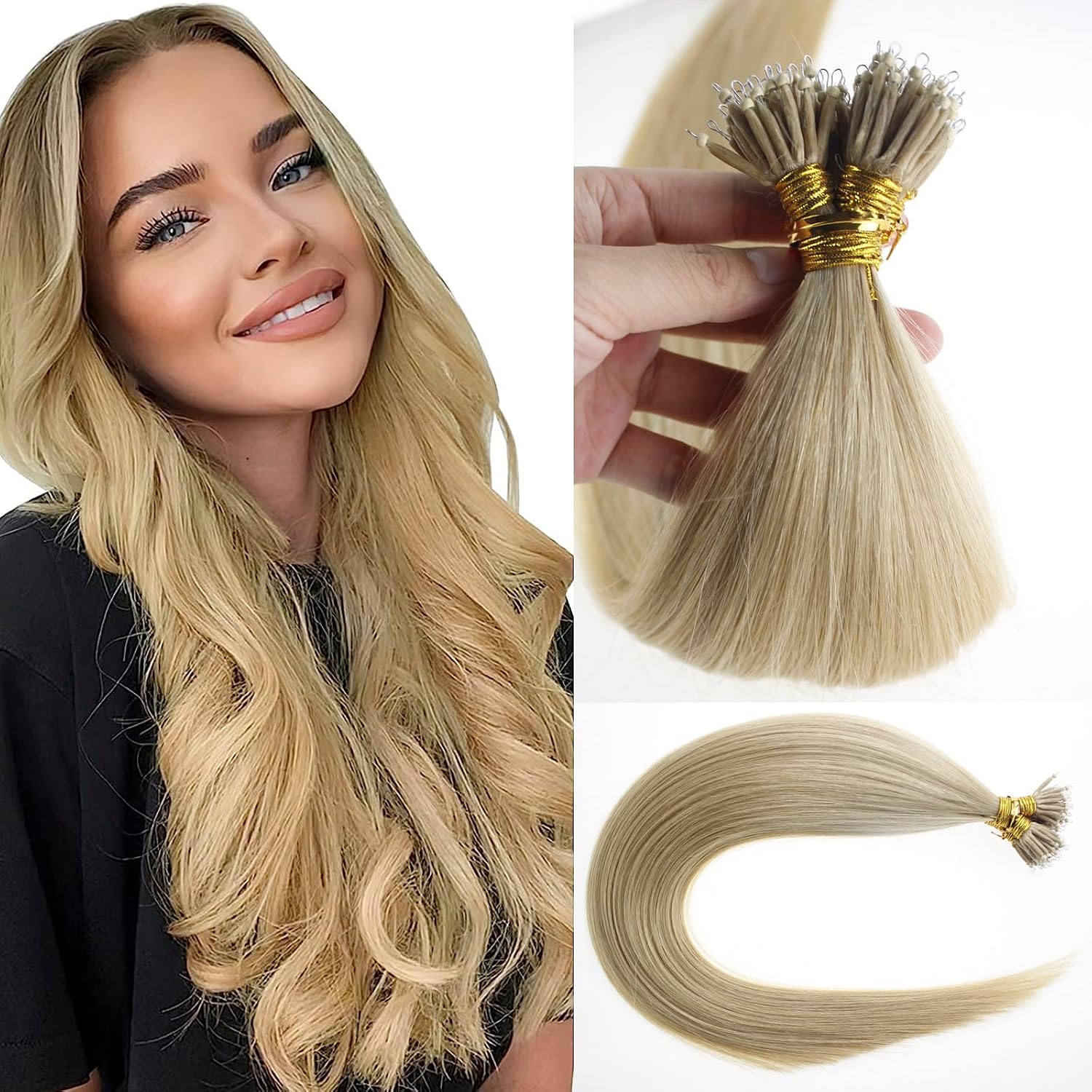 Nano Ring Tip Remy Human Hair Extensions Medium Blonde 26 Inch Invisible Nano Beads Link Premium Straight Hair Strawberry Blonde 50S/50g