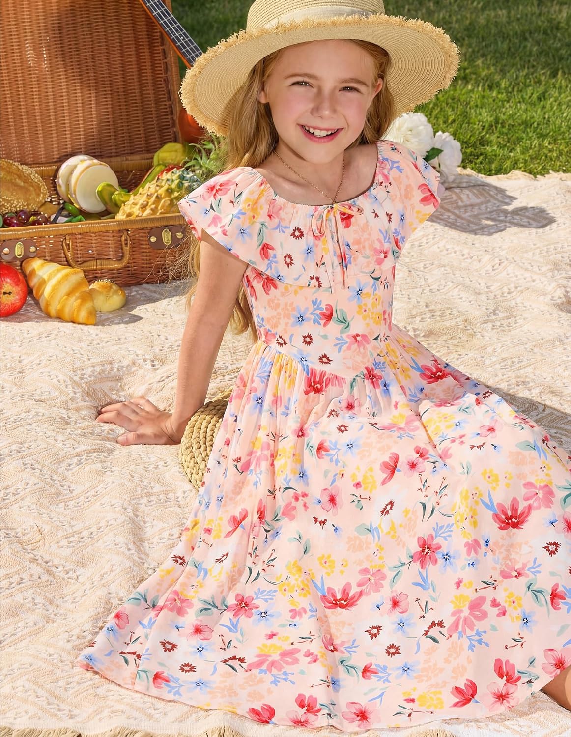 GRACE KARIN Girls Floral Dress Summer Midi Dress Off Shoulder Ruffle Spring Long Dresses - Image 6