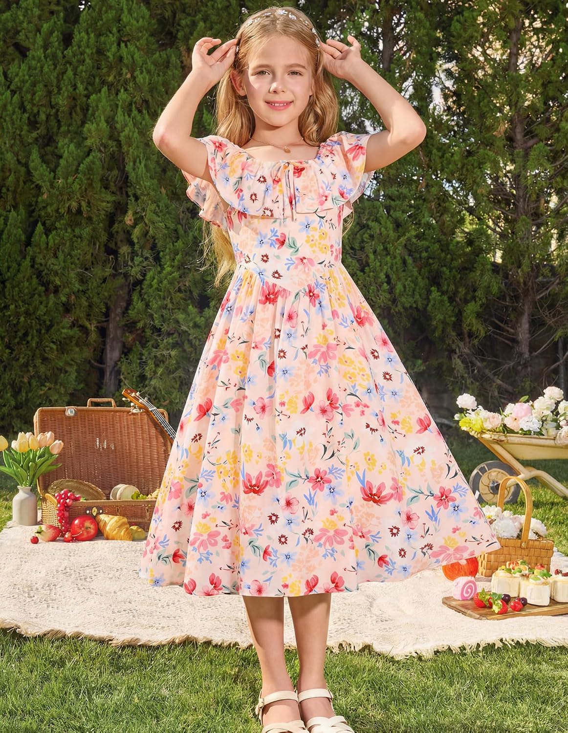 GRACE KARIN Girls Floral Dress Summer Midi Dress Off Shoulder Ruffle Spring Long Dresses - Image 2