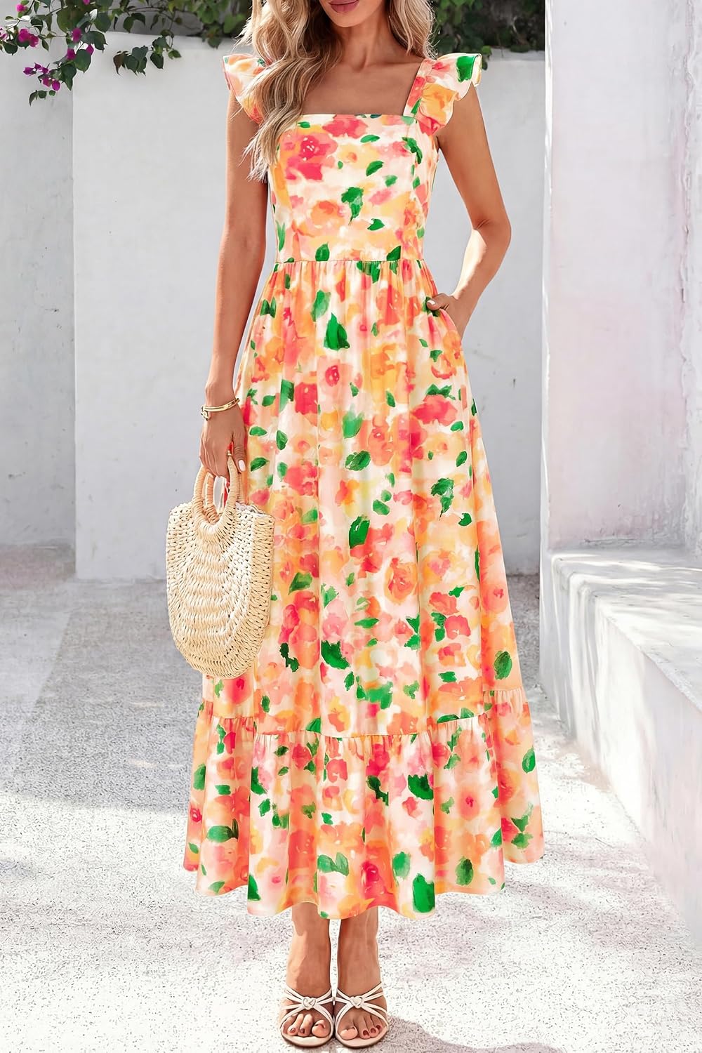 dowerme Women Summer Ruffle Straps Square Neck Floral Print Boho Maxi Dress - Image 4