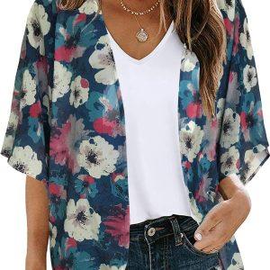 Women Summer Kimono Floral Print Cardigan Sheer Chiffon Loose Casual Beach Cover Up Tops (NavyBlue,M)