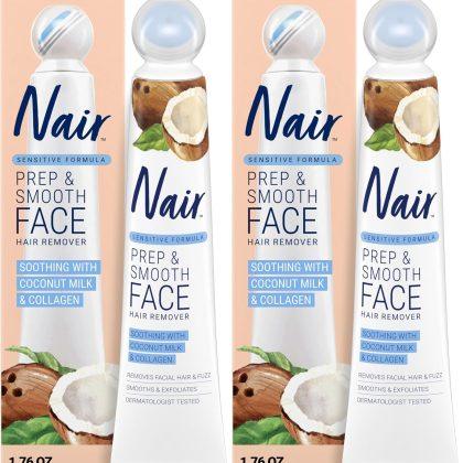 NAIR Exfoliating Facial Hair Removal Cream for Women – Smooth Skin Solution with Collagen for Sensitive Skincare, (Pack of 2)