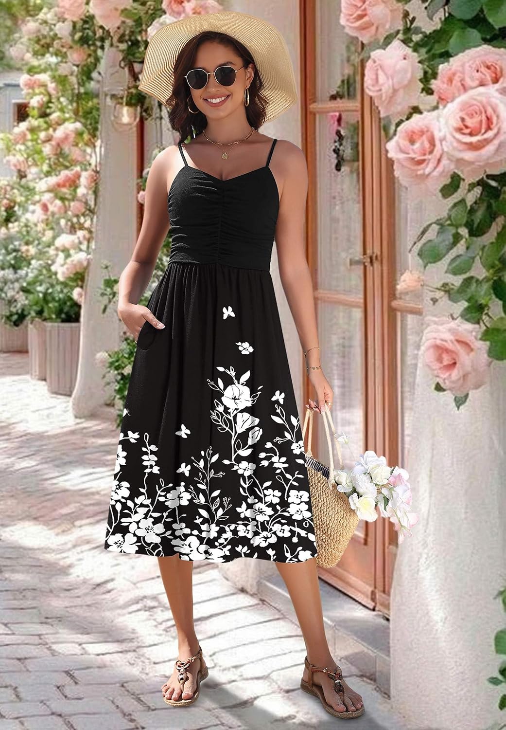 Zeagoo Women 2026 Summer Adjustable Spaghetti Strap Sundress Casual Ruched Floral V Neck Midi Flowy Beach Dress with Pockets - Image 3