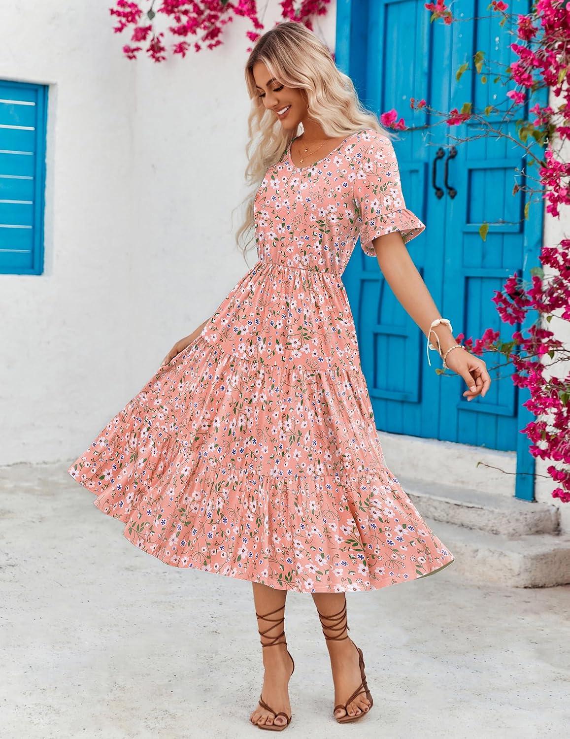 ZEAGOO Women's Summer Dresses Midi Tiered Casual Dress Floral V Neck Ruffle Short Sleeve Flowy Beach Dress with Pockets - Image 2