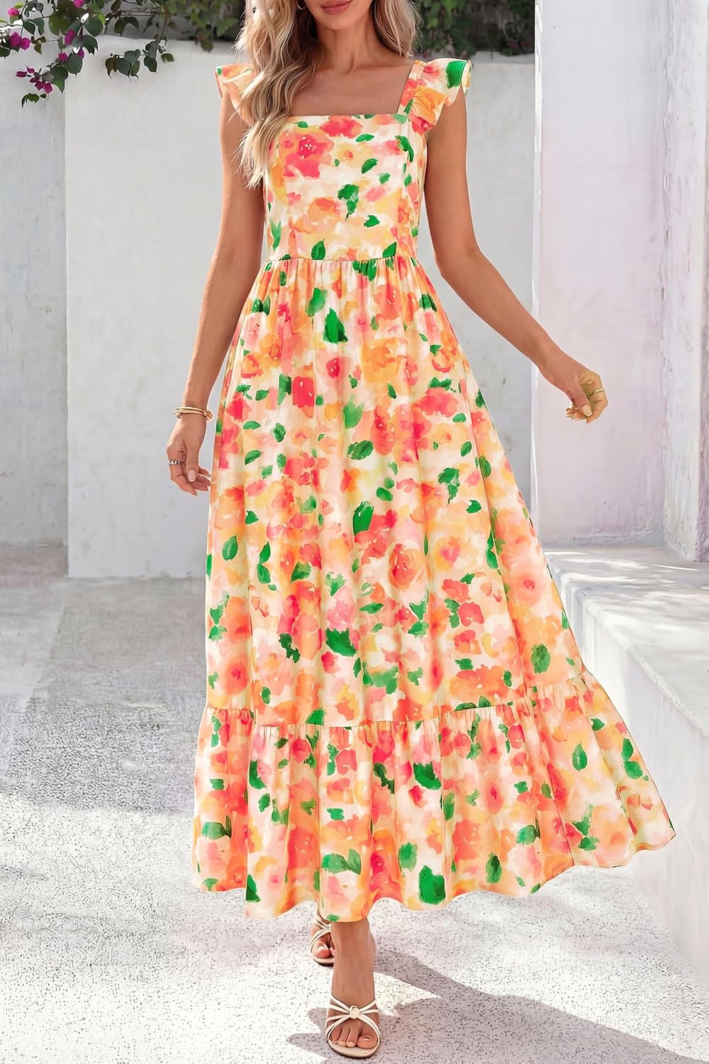 dowerme Women Summer Ruffle Straps Square Neck Floral Print Boho Maxi Dress - Image 6
