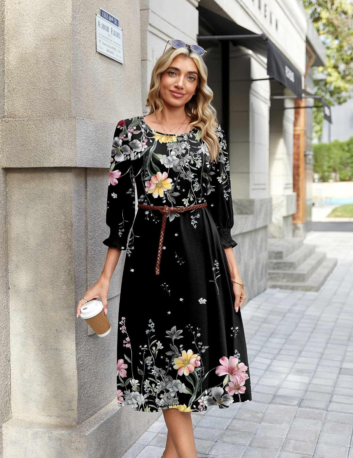 Zeagoo Summer Dresses for Women 2026 3/4 Sleeve Dress for Women Floral Midi Dresses for Casual Womens Dresses with Pockets - Image 5