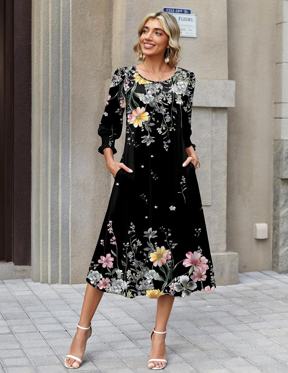 Zeagoo Summer Dresses for Women 2026 3/4 Sleeve Dress for Women Floral Midi Dresses for Casual Womens Dresses with Pockets - Image 3