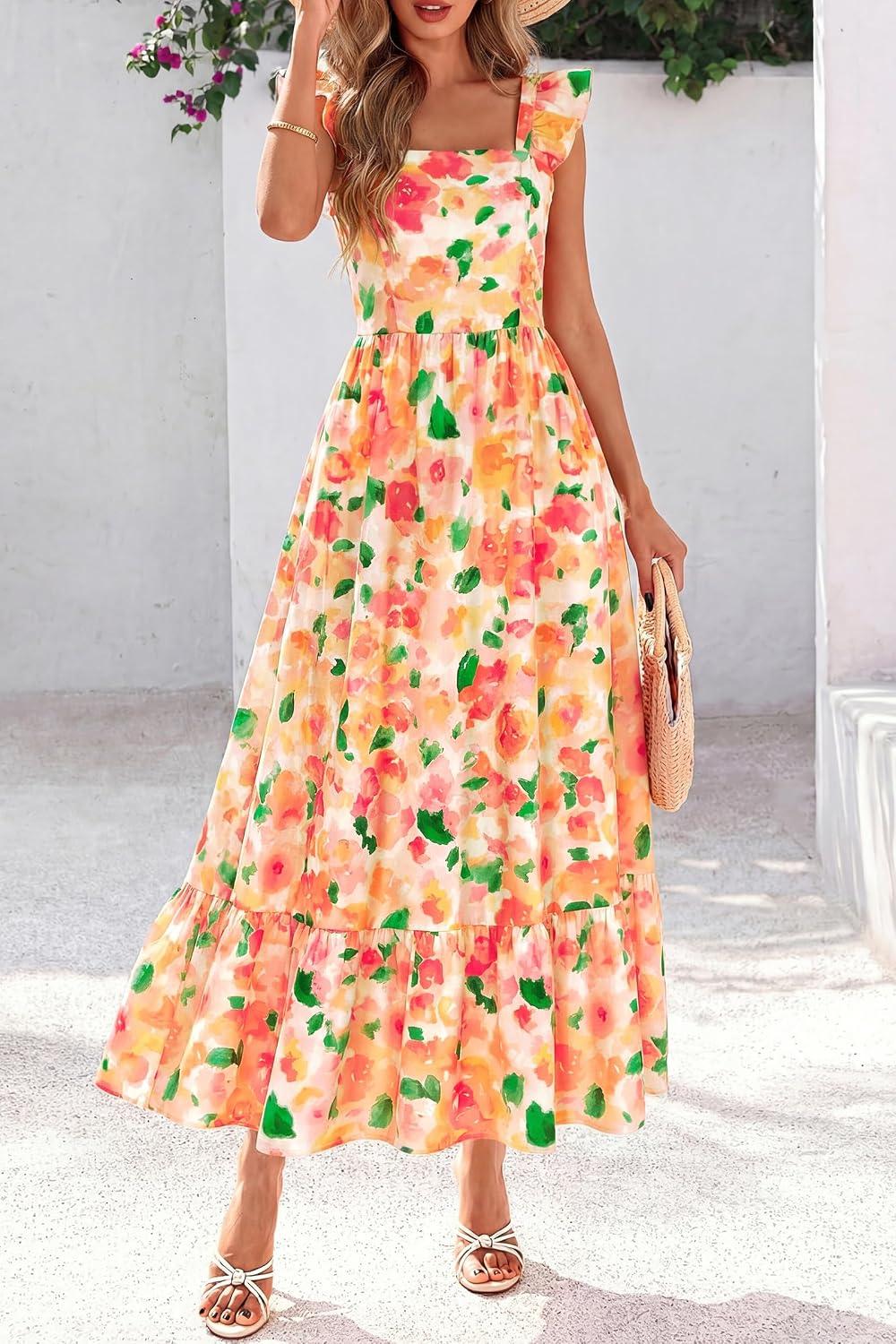 dowerme Women Summer Ruffle Straps Square Neck Floral Print Boho Maxi Dress - Image 3