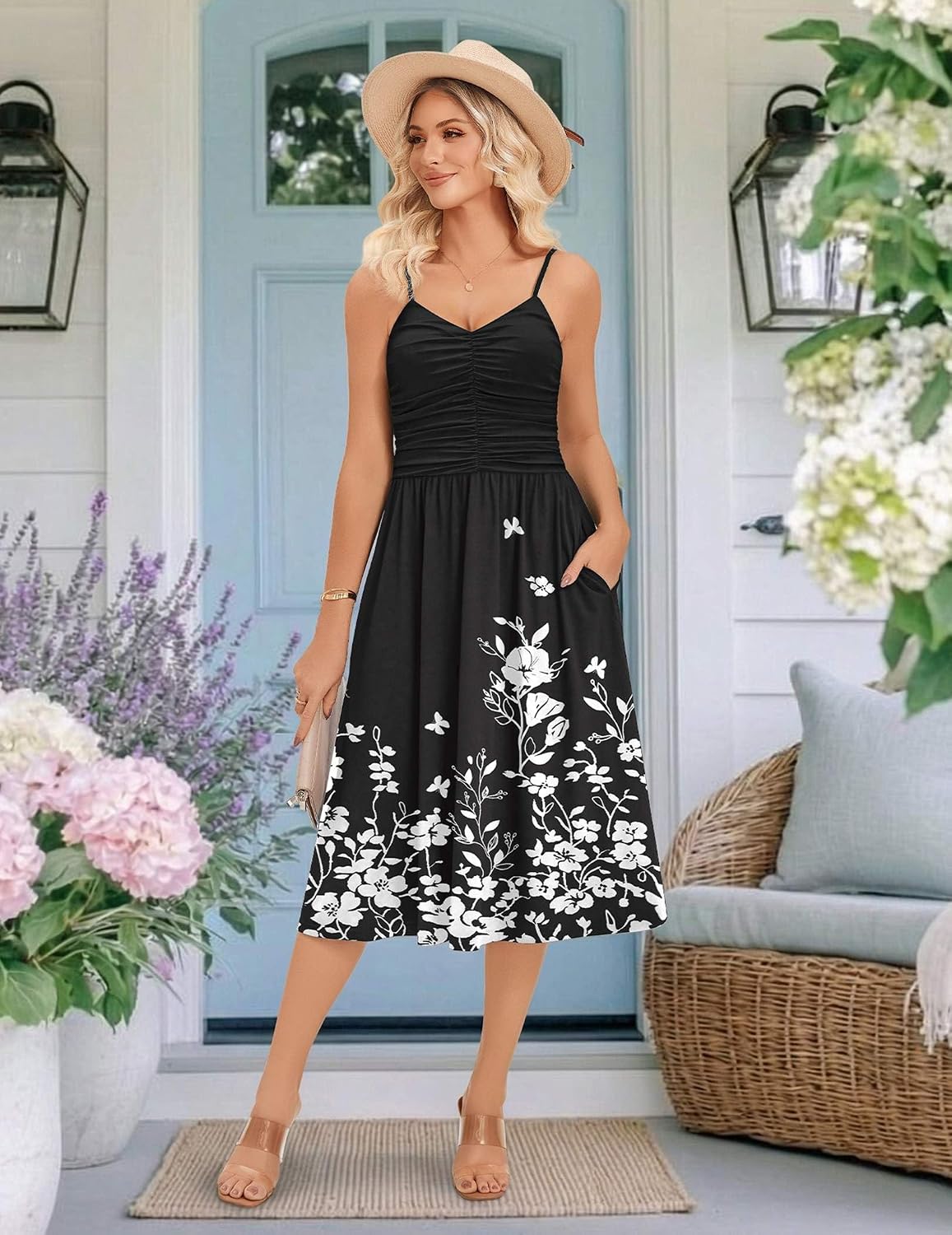 Zeagoo Women 2026 Summer Adjustable Spaghetti Strap Sundress Casual Ruched Floral V Neck Midi Flowy Beach Dress with Pockets - Image 2