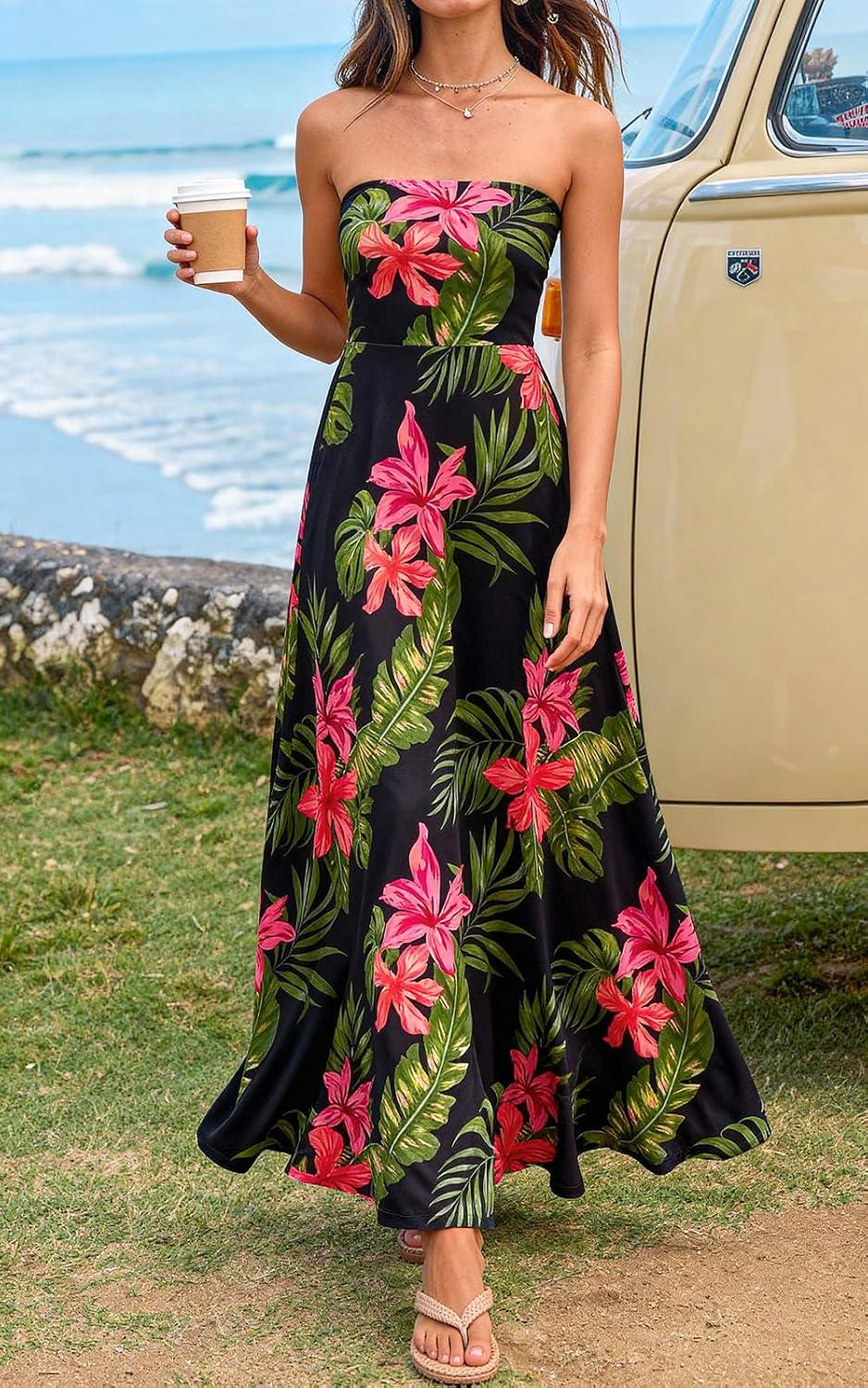 PRETTYGARDEN Sleeveless Floral Summer Maxi Dresses for Women 2026 Tube Top Flowy Long Dress Tropical Beach Vacation Clothes - Image 2