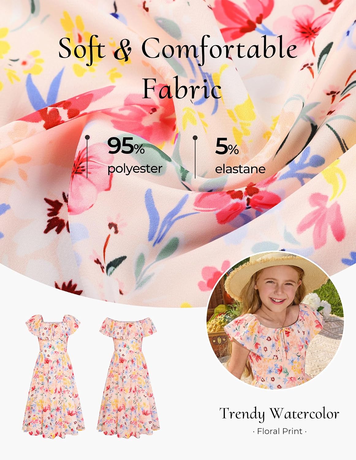 GRACE KARIN Girls Floral Dress Summer Midi Dress Off Shoulder Ruffle Spring Long Dresses - Image 5