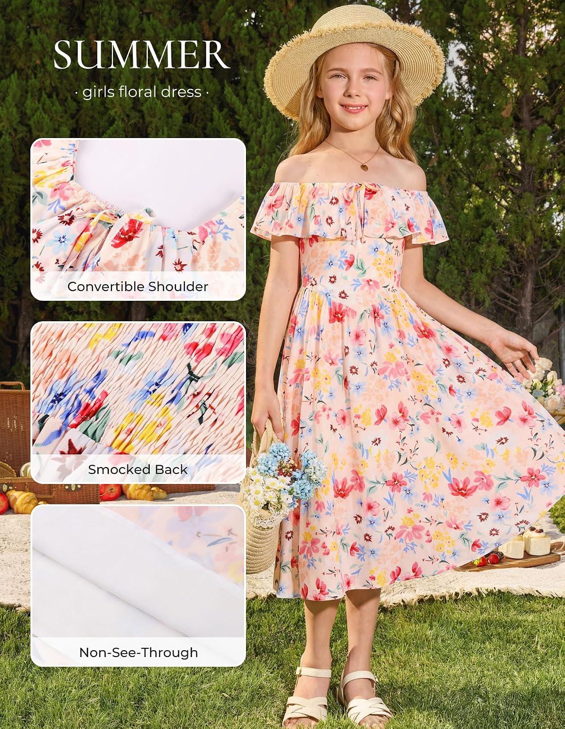 GRACE KARIN Girls Floral Dress Summer Midi Dress Off Shoulder Ruffle Spring Long Dresses - Image 4