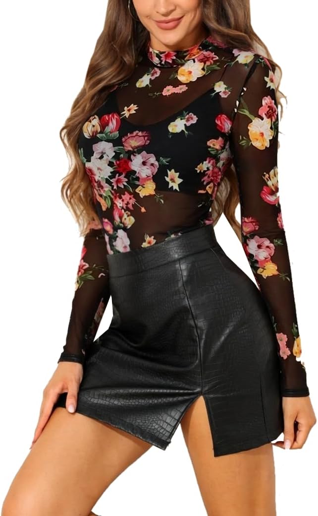 BemorRun Floral Mesh Long Sleeve Tops for Women Mock Neck See Through Fitted Sexy Going Out Top - Image 7