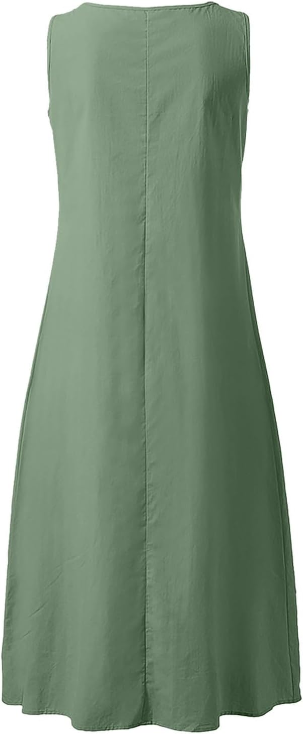 Midi Dresses for Women Summer V Neck Sleeveless Sun Dresses with Pockets, Cotton Linen Dresses - Image 5