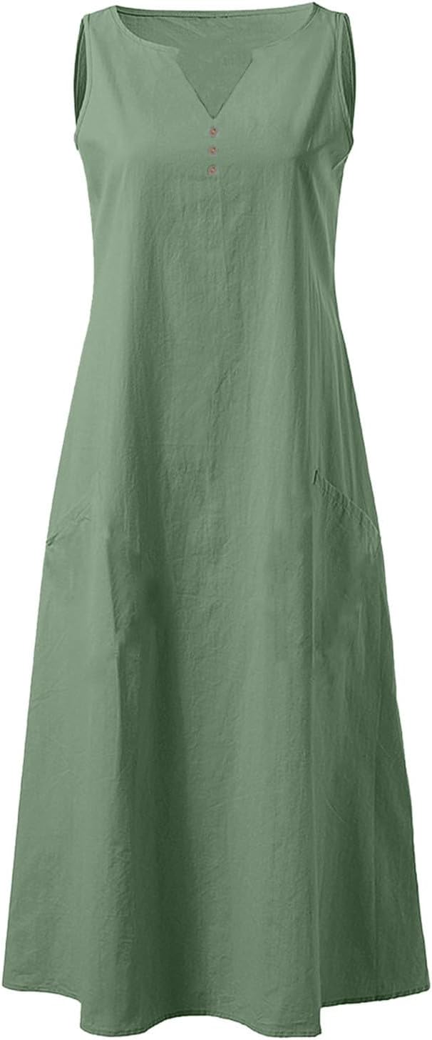 Midi Dresses for Women Summer V Neck Sleeveless Sun Dresses with Pockets, Cotton Linen Dresses - Image 4