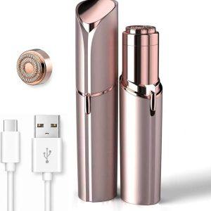 Rechargeable Facial Hair Removal for Women - as Seen on TV Painless Face Shaver - Electric Hair Remover for Face Lips Peach Fuzz with Light with 1 Replacement Heads (Rose Gold)