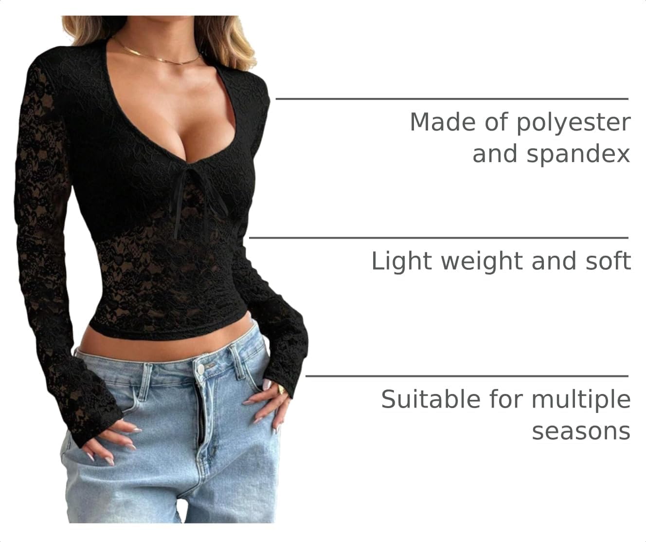 Matunana Womens Long Sleeve Going Out Tops Lace Mesh Sexy Cute Y2K Shirts - Image 4