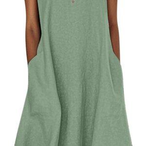 Midi Dresses for Women Summer V Neck Sleeveless Sun Dresses with Pockets, Cotton Linen Dresses