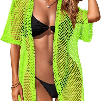 Women Swimsuit Coverup Crochet Beach Cover Up Kimono Cardigans (Neon Green,M)