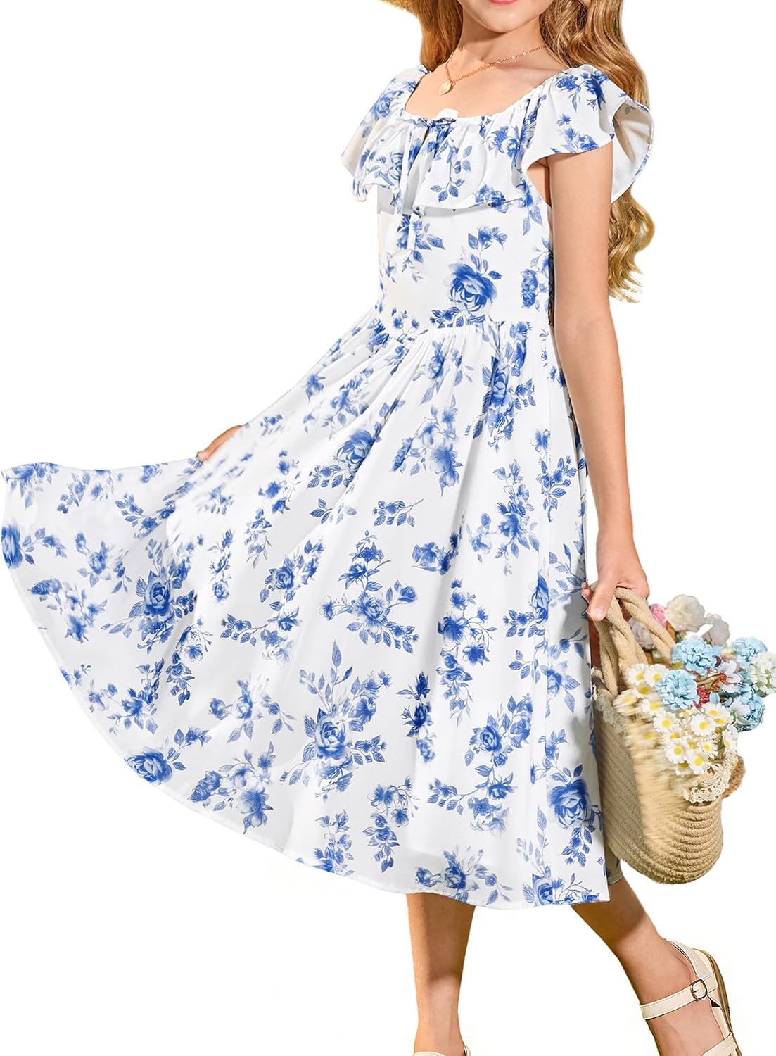 GRACE KARIN Girls Floral Dress Summer Midi Dress Off Shoulder Ruffle Spring Long Dresses - Image 7