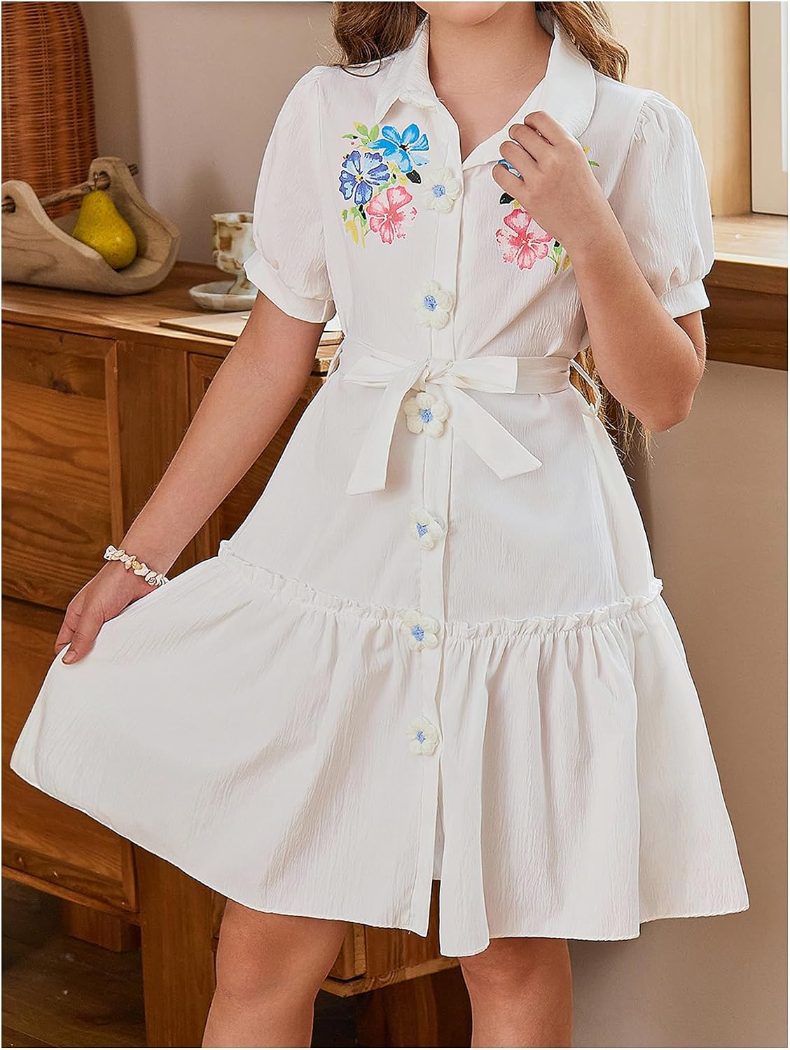 OYOANGLE Girl's Puff Sleeve Button Up Princess Dress Floral Ruffle Dress - Image 5