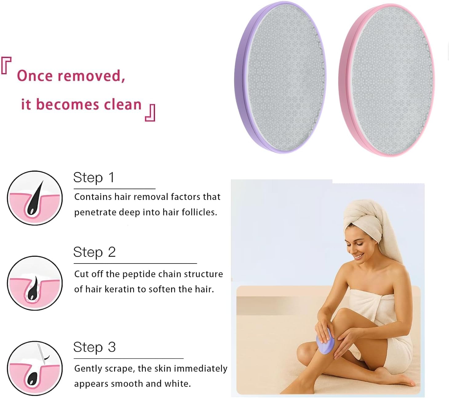 2PCS Premium Crystal Hair Eraser, Reusable Crystal Hair Remover Painless Exfoliation Epilators Hair Removal for Women, Nano Glass Natural Gentle and Efficient Shaver Trimmer on Leg Arm(Pink Purple) - Image 9