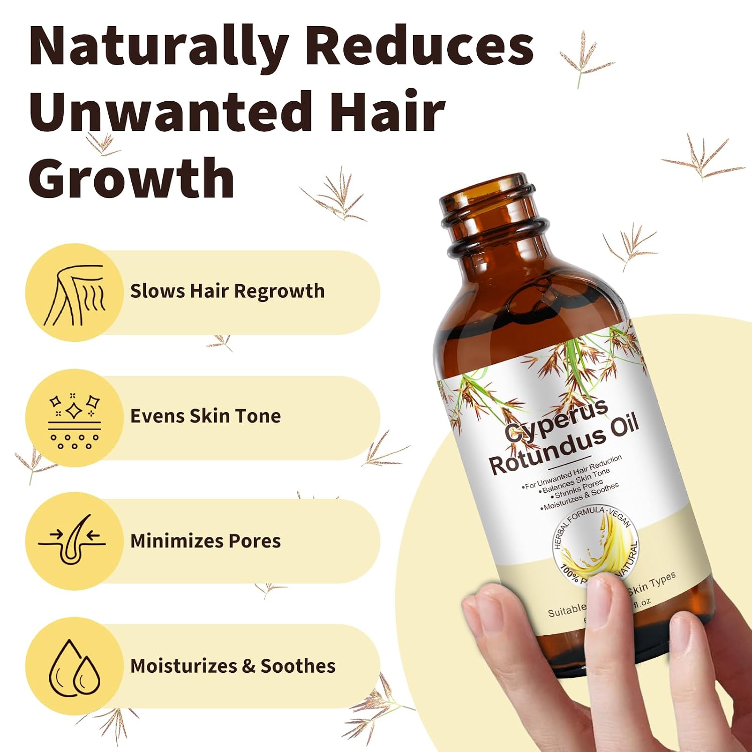 Cyperus Rotundus Oil, 100% Pure Facial Hair Removal Oil, Hair Remover for Face and Body, After Shave Oil for Women, Shrink Pores, Hydrates, Soothes and Repairs Skin - Image 2