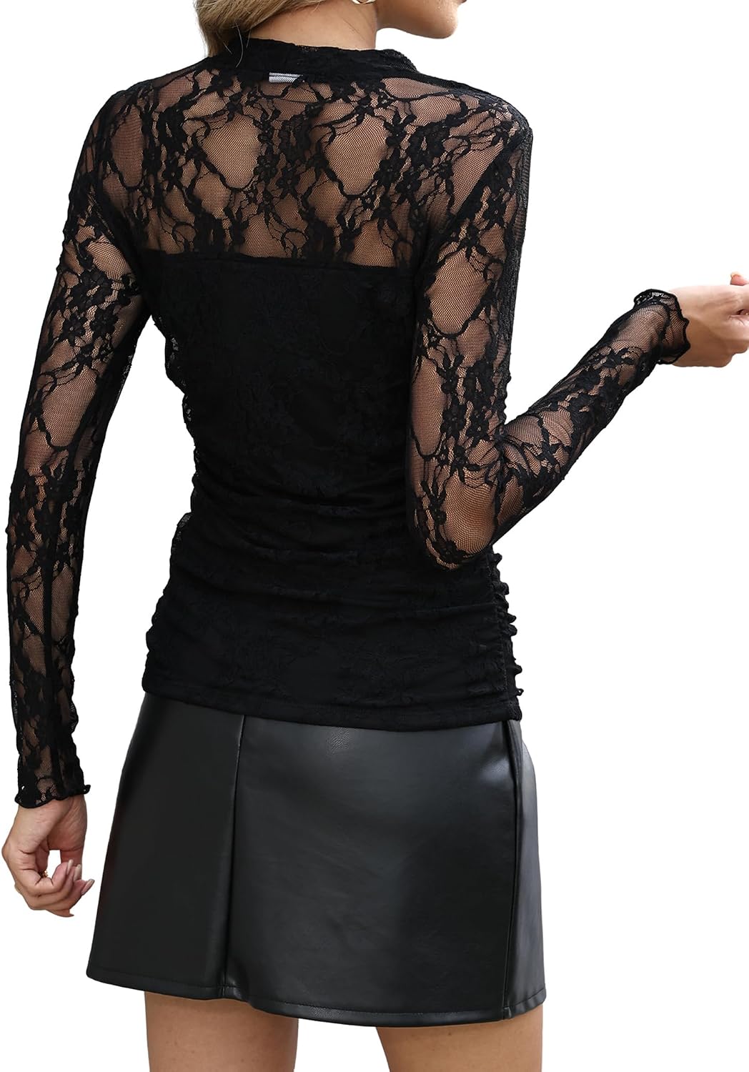 Womens Sexy Mesh Long Sleeve Shirts Fashion Clothing Turtle Necks Sheer Ruched Going Out Tops Fall Outfits Slim Fit Blouses - Image 5