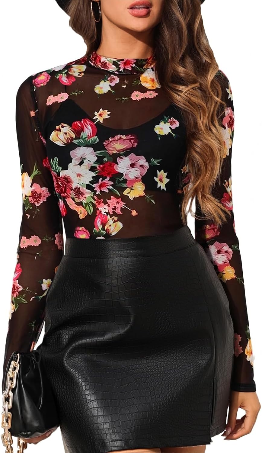 BemorRun Floral Mesh Long Sleeve Tops for Women Mock Neck See Through Fitted Sexy Going Out Top - Image 3